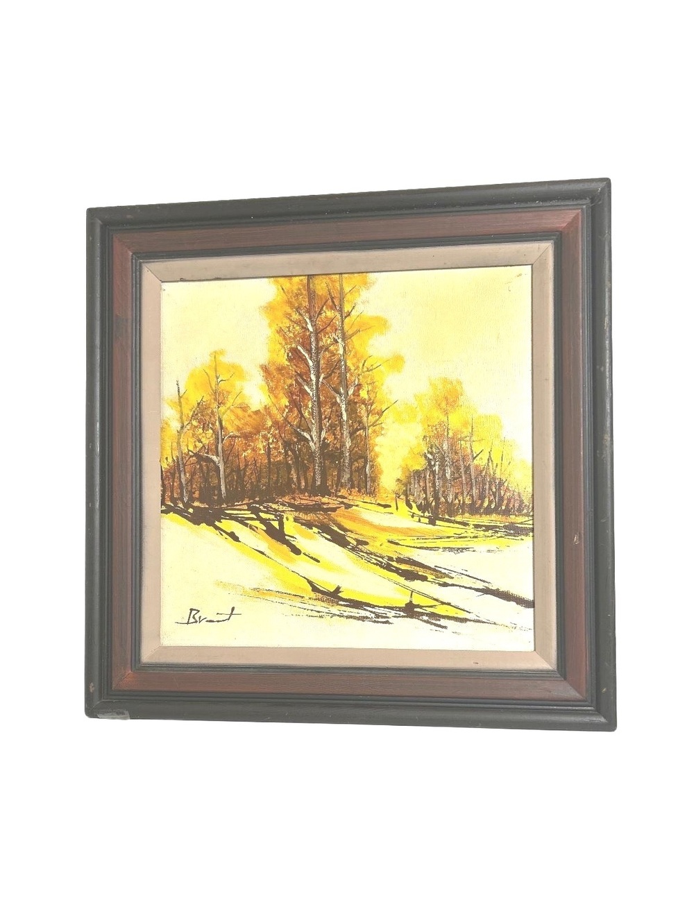 Mid-Century Modern Snow Landscape Painting in Wood Frame